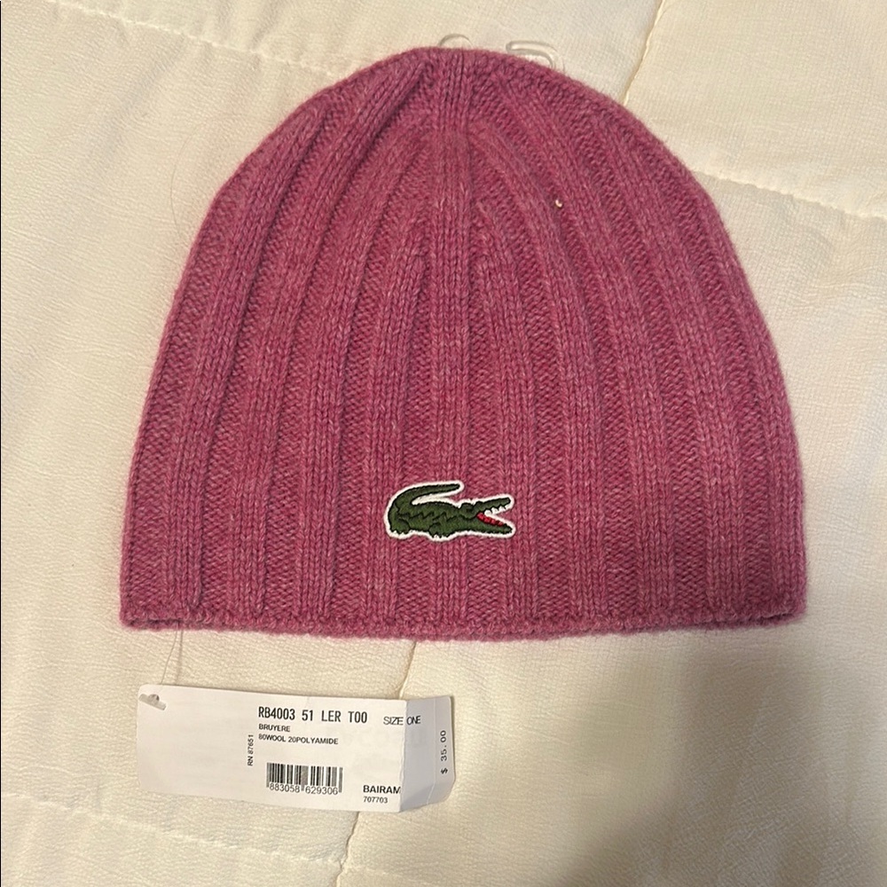 Lacoste Pink Ribbed Knit Hat with Crocodile Logo